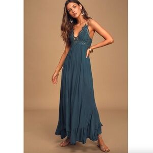 Free People Adella Lace Maxi Slip Dress Turquoise Women’s Size Small